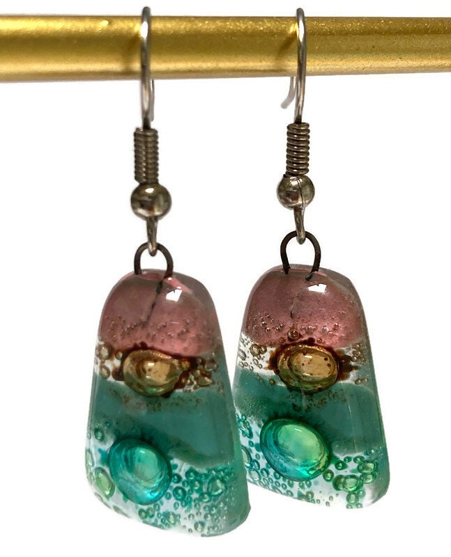 Pink, sea foam green , green and brown Drop Earrings. Glass Art Recycled Fused Glass dangle Earring.