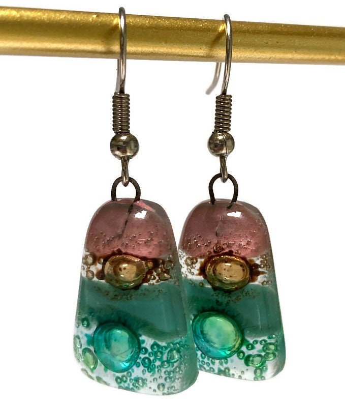 Pink, sea foam green , green and brown Drop Earrings. Glass Art Recycled Fused Glass dangle Earring.