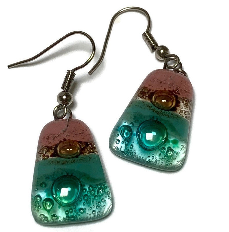 Pink, sea foam green , green and brown Drop Earrings. Glass Art Recycled Fused Glass dangle Earring.