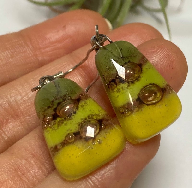 Shades of green Recycled Fused Glass dangle Earring. Handmade drop, dangle earrings