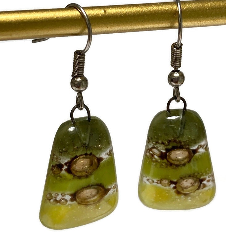 Shades of green Recycled Fused Glass dangle Earring. Handmade drop, dangle earrings