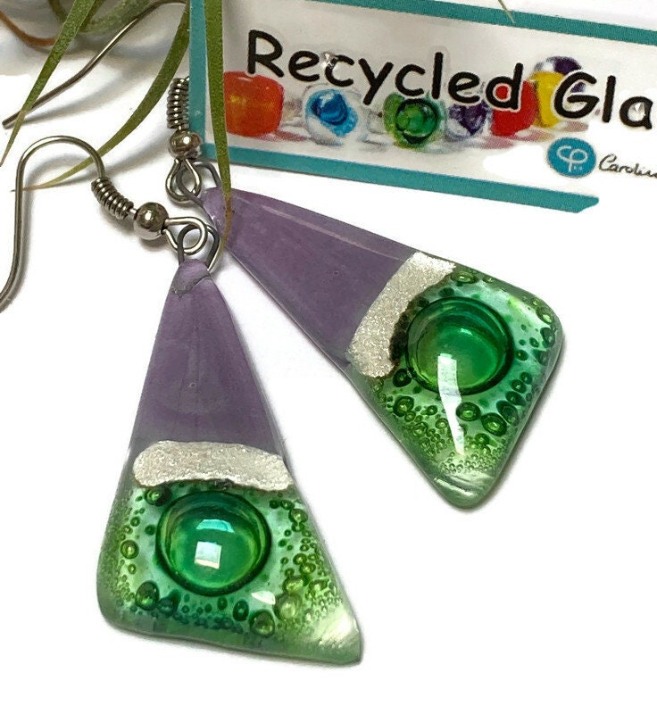 Long Triangle Drop drop Earrings. Green, Lilac and pearly white Recycled Fused Glass dangle earrings