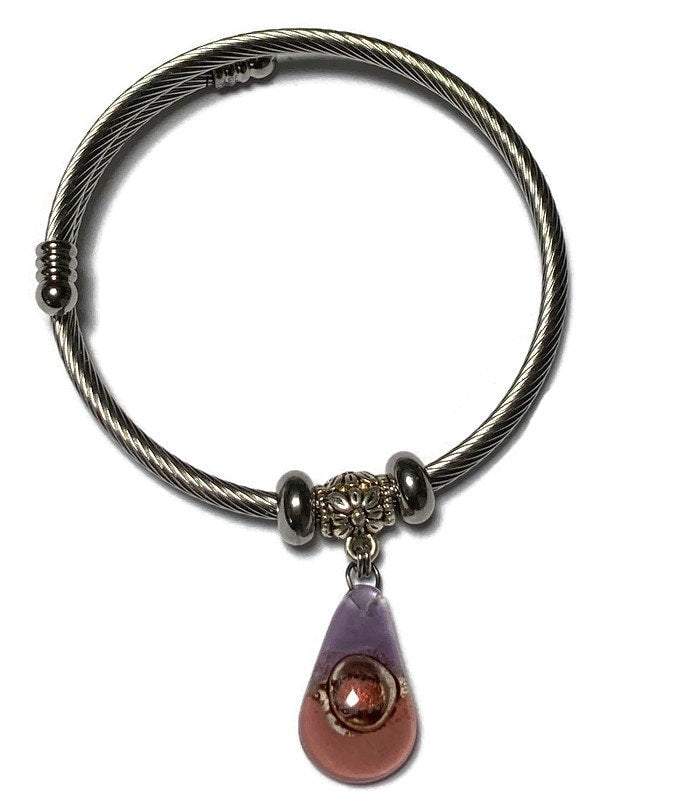 Pink, Copper and Brown Stainless Steel Bracelet Glass Charm Bead. Easy to put on adjustable stretch memory wire. One size fits most