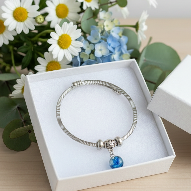 Dark Blue, Green and White Stainless Steel Bracelet Glass Charm Bead. Easy to put on adjustable stretch memory wire. One size fits most