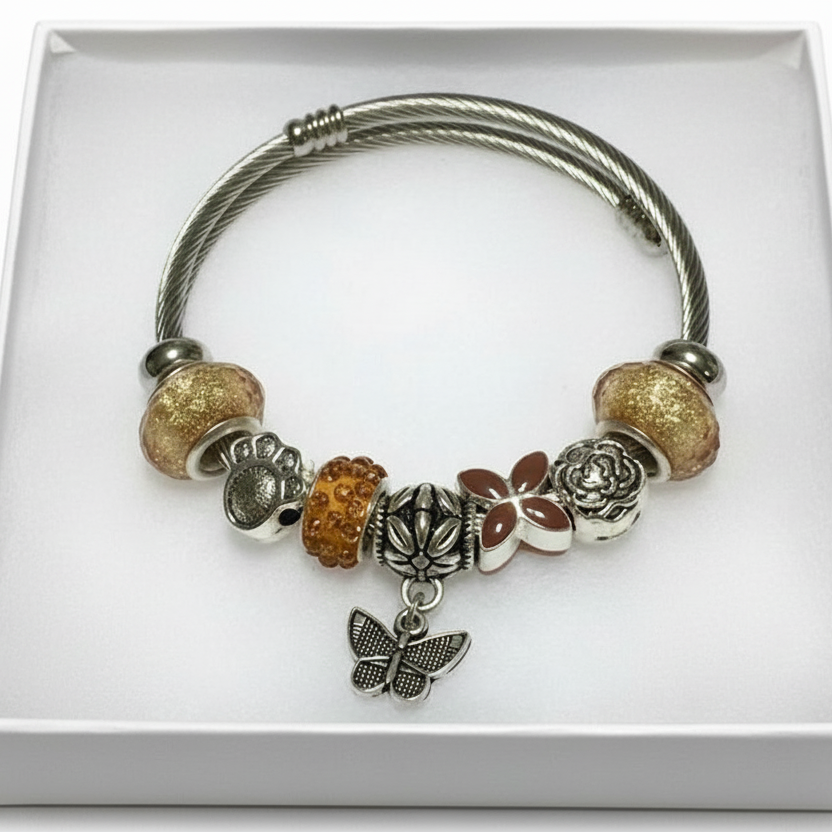 Golden brown, Stainless Expandable Easy to put on stretch memory wire Charm Bracelet. One size fits most