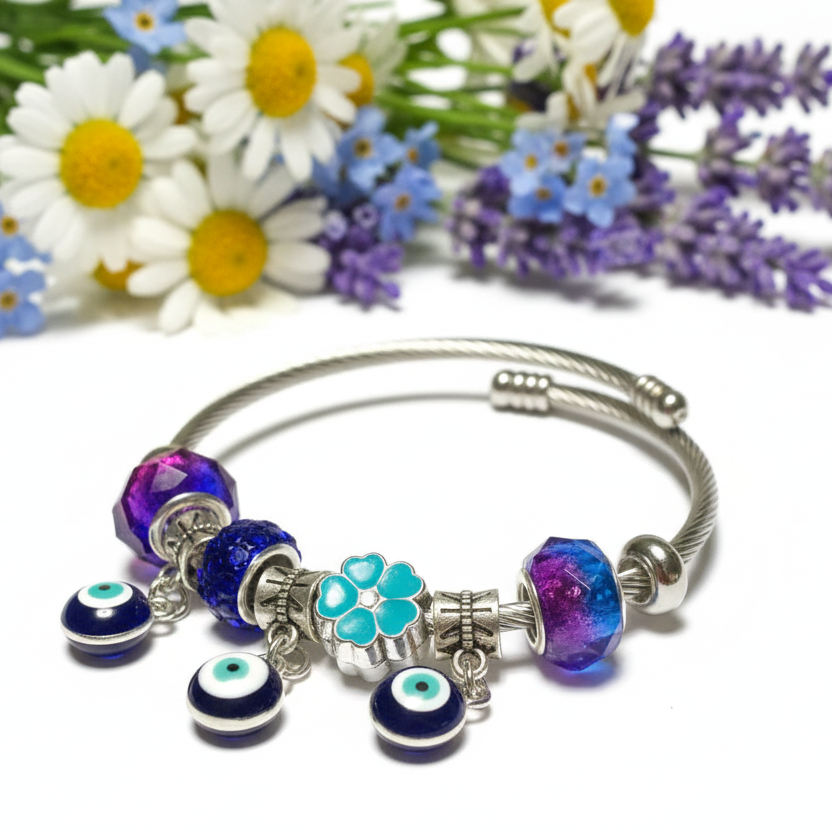 Blue Purple. Evil eye Stainless Expandable Easy to put on stretch memory wire Charm Bracelet. One size fits most