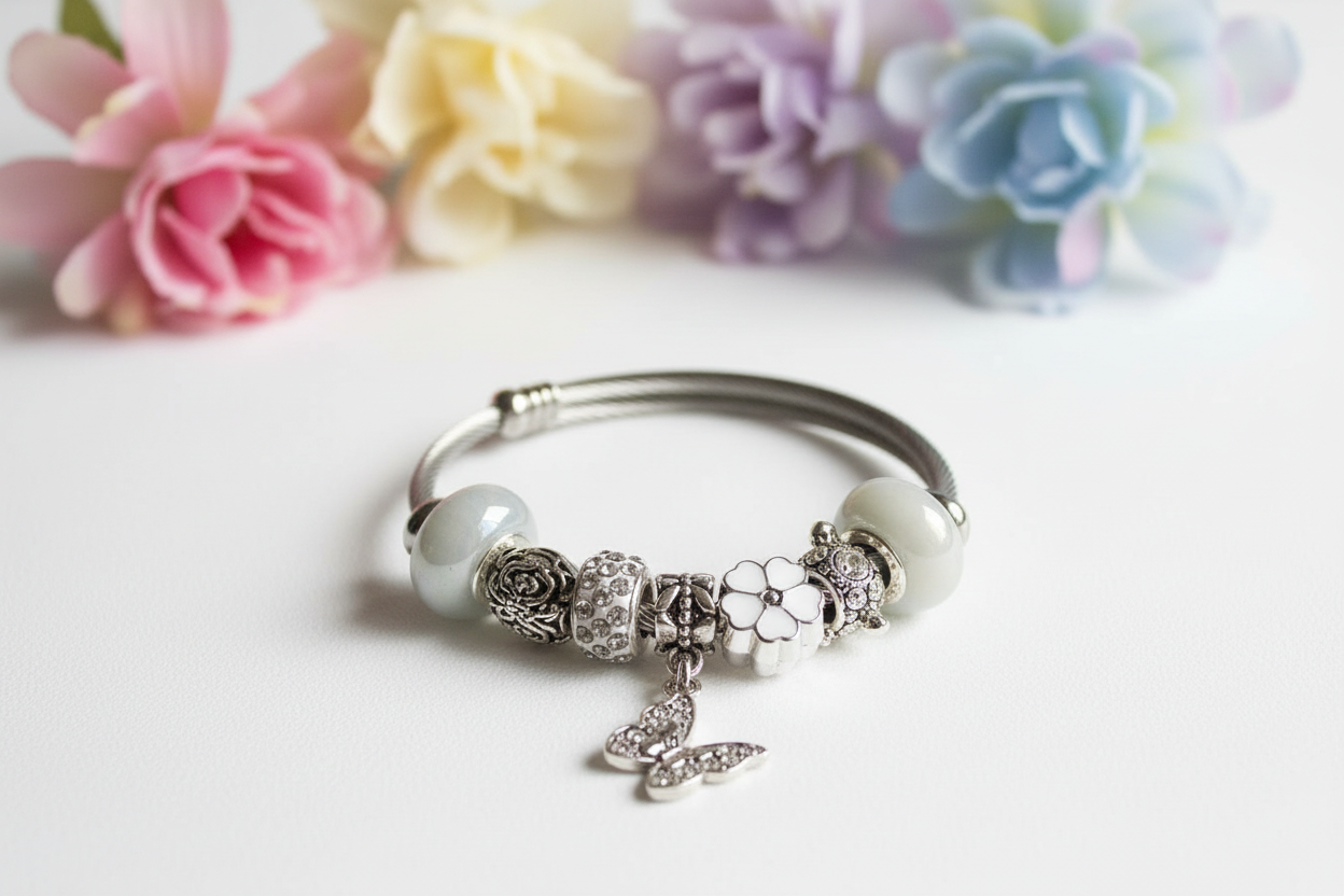 Delicate butterfly WHITE Stainless Expandable Easy to put on stretch memory wire Charm Bracelet. One size fits most