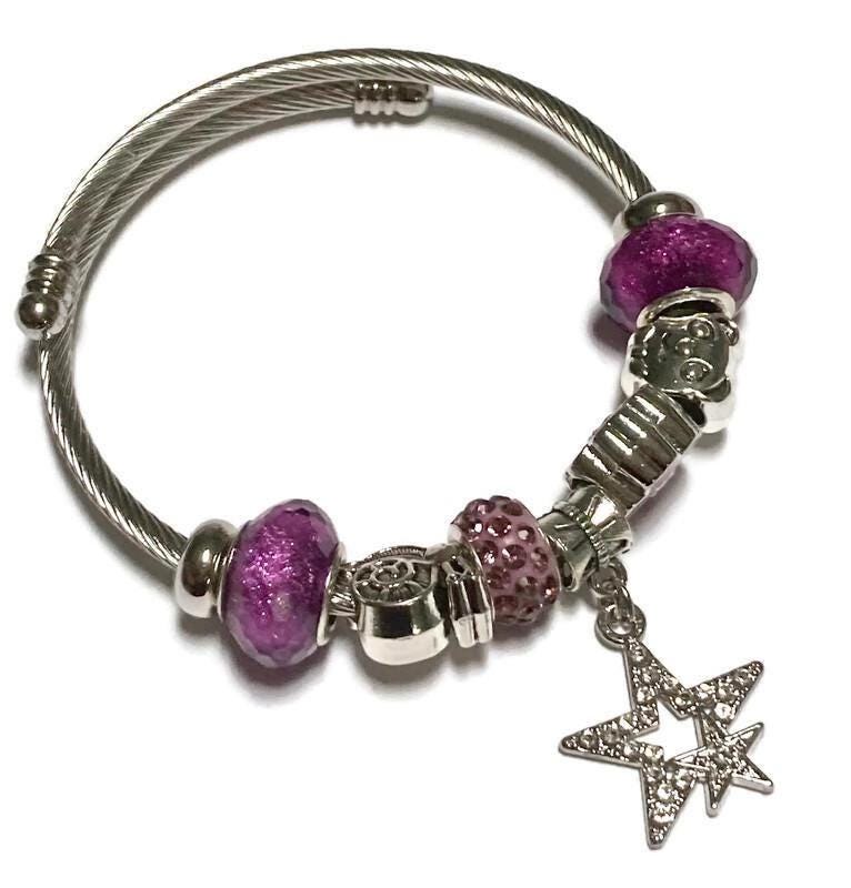 Purple Stainless Expandable Easy to put on stretch memory wire Charm Bracelet. One size fits most