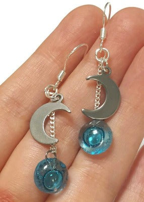 Small moon dangling earrings. Teal, aqua, blue drops. Recycled glass. Handcrafted.