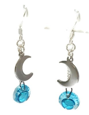 Small moon dangling earrings. Teal, aqua, blue drops. Recycled glass. Handcrafted.