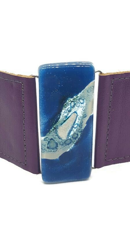 Purple Leather and blue Glass Cuff Bracelet!! Silver color bubble