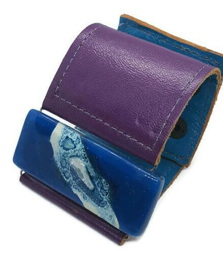 Purple Leather and blue Glass Cuff Bracelet!! Silver color bubble