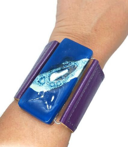 Purple Leather and blue Glass Cuff Bracelet!! Silver color bubble