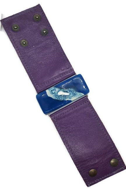 Purple Leather and blue Glass Cuff Bracelet!! Silver color bubble
