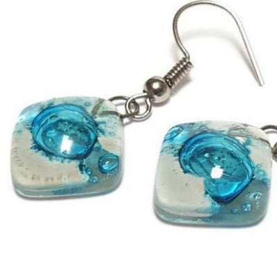 Small Turquoise and white Fused Glass Earrings. Recycled glass small square earrings
