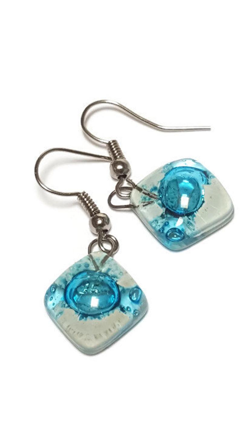Small Turquoise and white Fused Glass Earrings. Recycled glass small square earrings