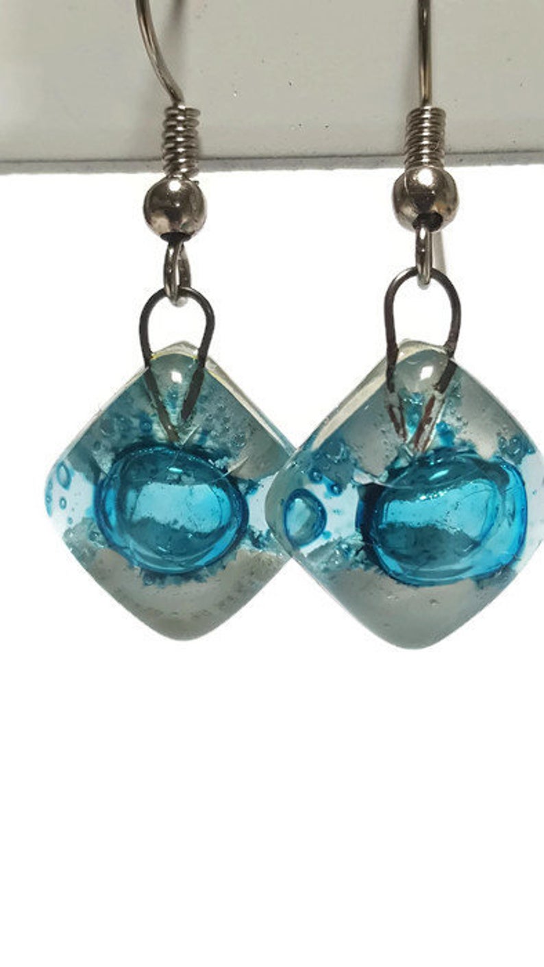 Small Turquoise and white Fused Glass Earrings. Recycled glass small square earrings