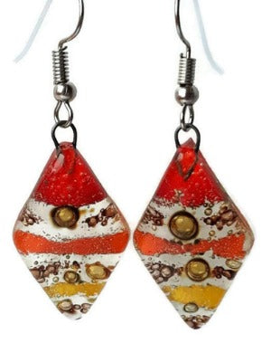 Red, Yellow and Orange Diamond Shaped Earrings. Fused glass Dangle Earrings.