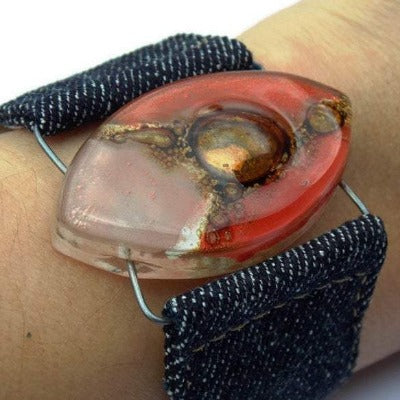 Red, pink and Brown Fused Glass and reclaimed Denim Cuff. Vegan Bracelet.