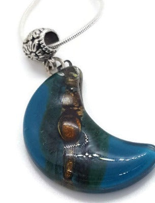 Teal and brown moon shape pendant. recycled Fused glass Necklace