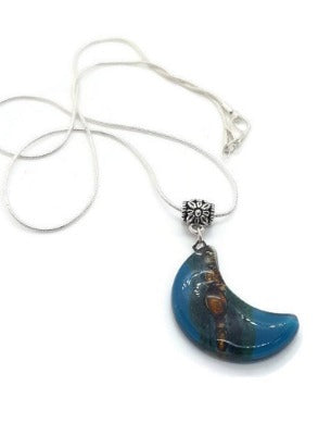 Teal and brown moon shape pendant. recycled Fused glass Necklace