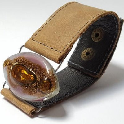 Leather cuff. Lilac  and  Brown Fused Glass and  light Brown leather Bracelet.