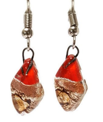 Small Diamond Shaped Red, Copper and brown Recycled Fused Glass Earrings