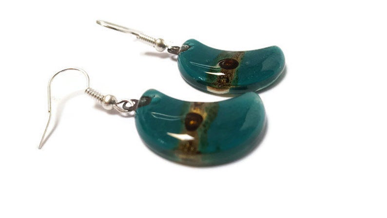 Teal and Brown Moon Earrings Recycled Glass Drop Earrings. Glass Jewelry