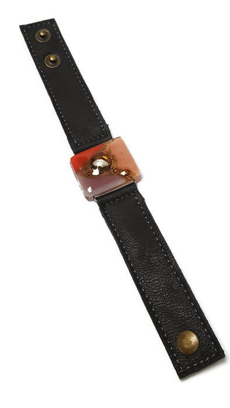 Red, pink and Brown Fused Glass and reclaimed Denim Cuff. Vegan Bracelet.