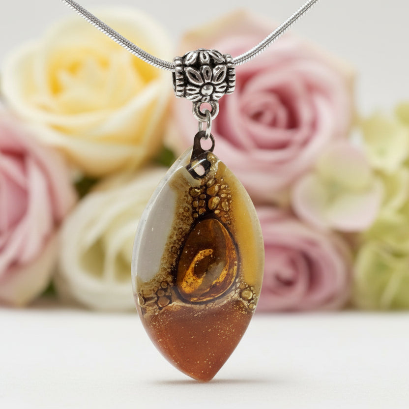 Beige, terracotta, Brown and White Fused Glass leaf Pendant. Recycled Glass Necklace