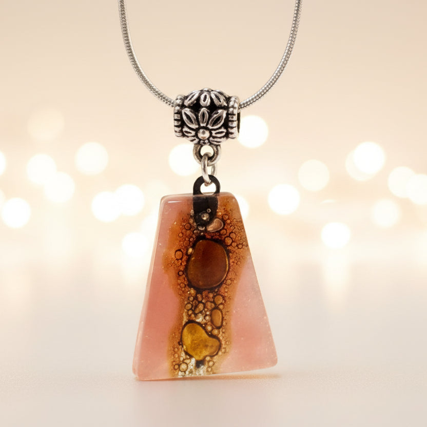 Pink and Brown Fused Glass small Pendant. Recycled Glass Necklace
