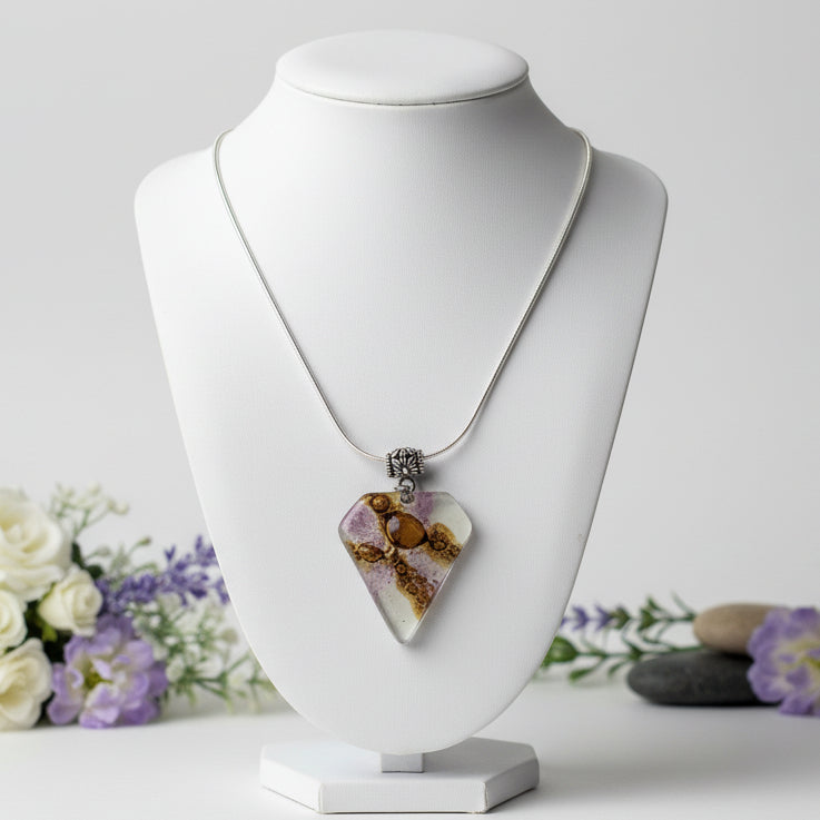 Fused Glass Pendant . White, Purple and Brown Glass Necklace.Handmade pendant