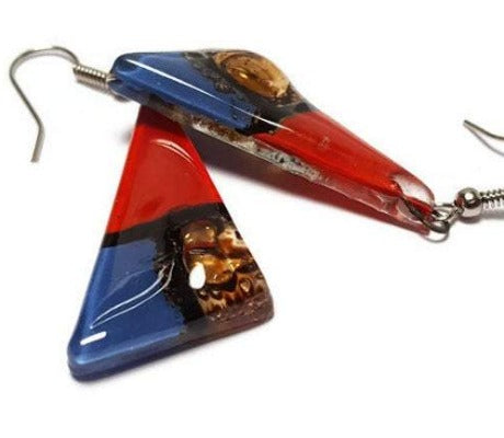 Red, Brown and blue triangle Earrings Long drop Earrings. Recycled Fused Glass dangle earrings