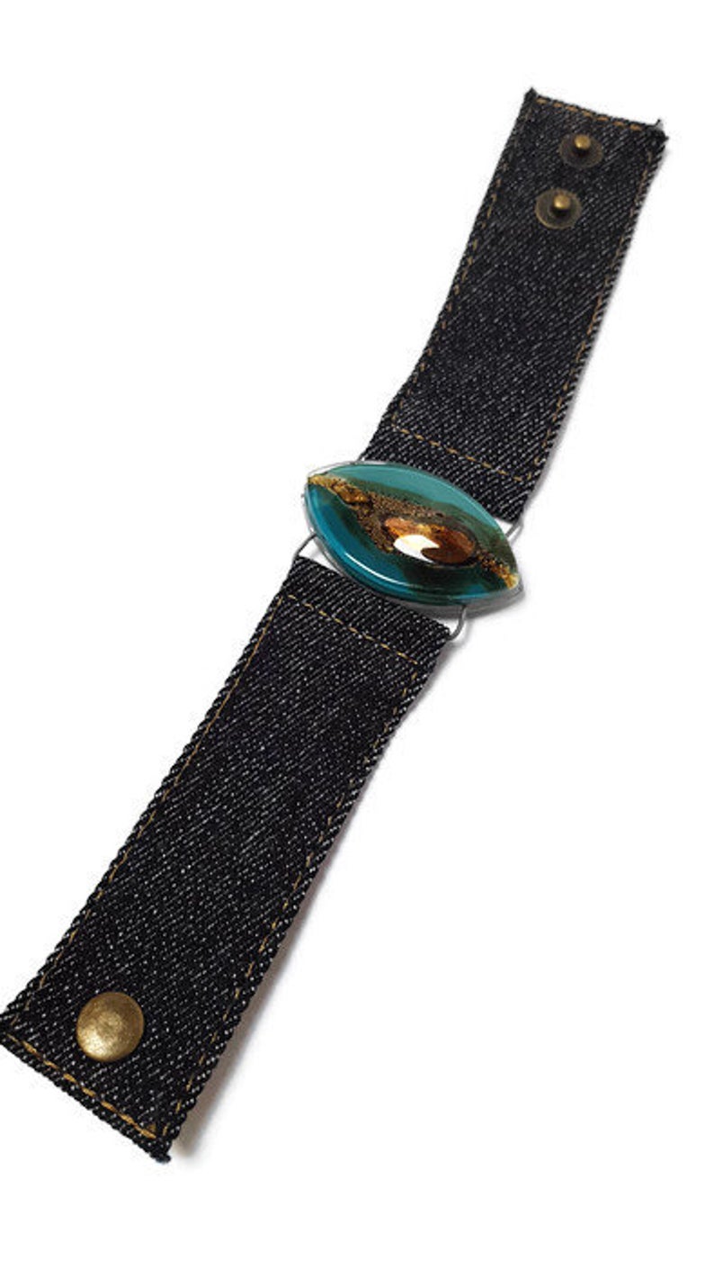 Teal Brown Fused Glass and reclaimed Denim Cuff. Bracelet.