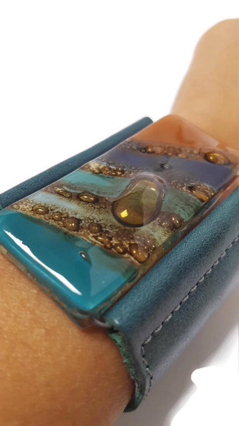 Wide Leather Cuff. Dark green Leather Bracelet. Terracotta, teal brown and blue cuff