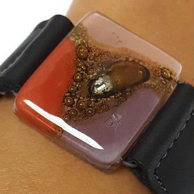 Red, pink, lilac and brown Recycled Glass and black leather cuff. Reclaimed Leather Bracelet