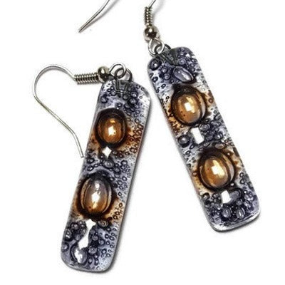 Clear lilac and Brown bars... Lots of bubbles. Recycled Fused Glass Dangling earrings
