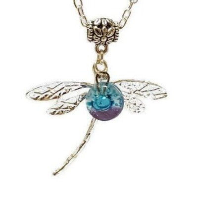 Dragonfly necklace. Recycled fused glass white, lilac and turquiose bead.