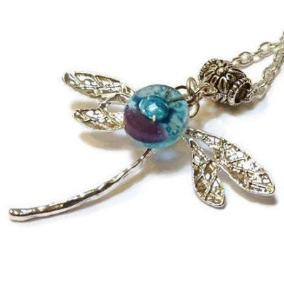 Dragonfly necklace. Recycled fused glass white, lilac and turquiose bead.