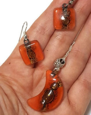 Set earrings and Moon pendant. Red and brown Recycled Glass. Handmade