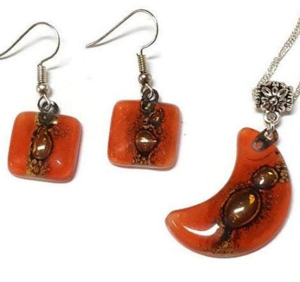 Set earrings and Moon pendant. Red and brown Recycled Glass. Handmade