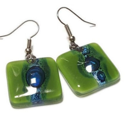 Blue and Green Recycled fused glass square Earrings
