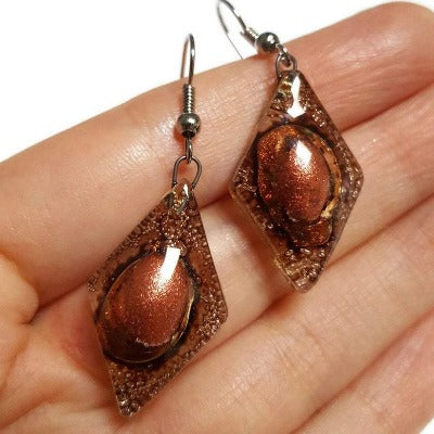 Caramel brown and copper Earrings Diamond Shaped Earrings Recycled fused glass Earrings