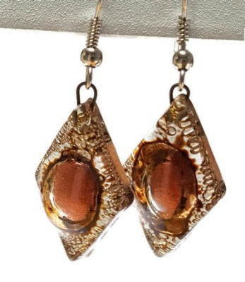 Caramel brown and copper Earrings Diamond Shaped Earrings Recycled fused glass Earrings
