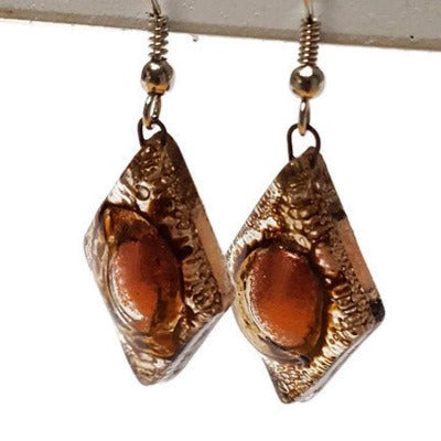 Caramel brown and copper Earrings Diamond Shaped Earrings Recycled fused glass Earrings