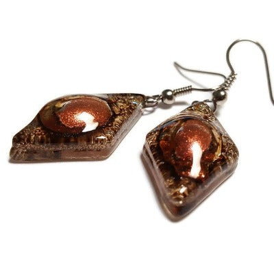 Caramel brown and copper Earrings Diamond Shaped Earrings Recycled fused glass Earrings