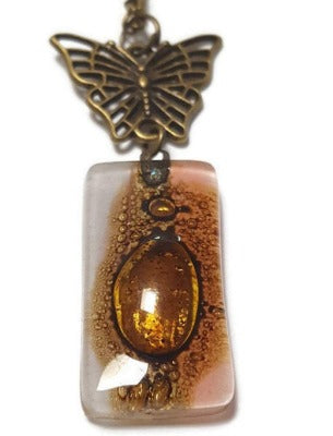 Butterfly pink recycled glass long necklace. Handmade fused glass pendant