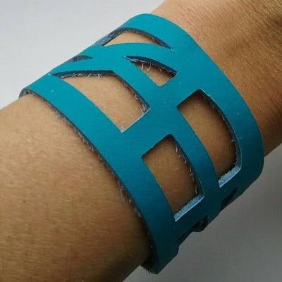 Turquoise Reclaimed Leather "Seld Empowering" Wrist Band. Leather Bracelet. Leather Cuff. - Handmade Recycled Glass Jewelry