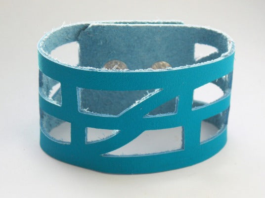 Turquoise Reclaimed Leather "Seld Empowering" Wrist Band. Leather Bracelet. Leather Cuff. - Handmade Recycled Glass Jewelry