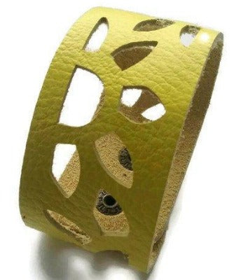 Yellow Sunflower leather wrist Band. Repurposed Leather Cuff Bracelet - Handmade Recycled Glass Jewelry